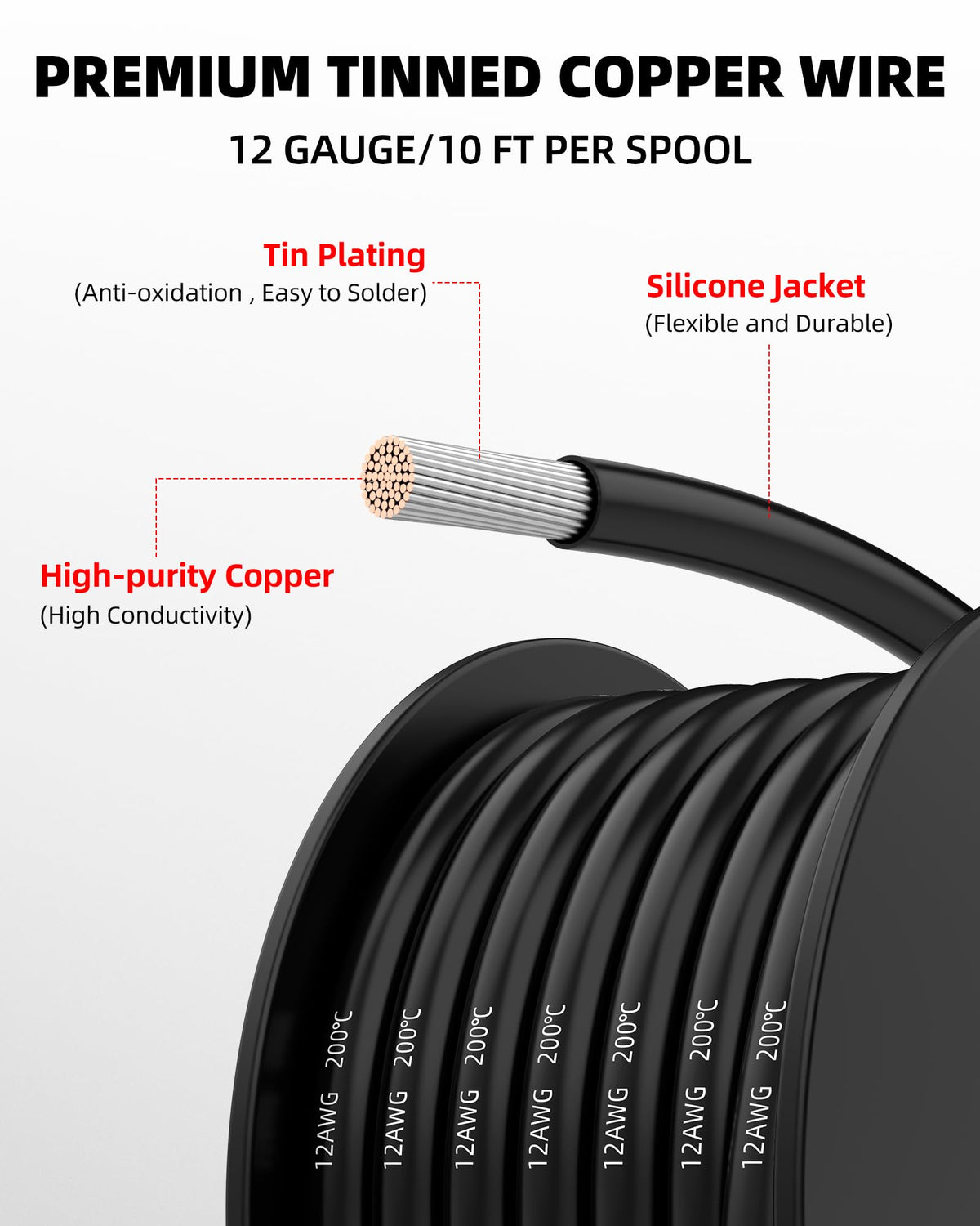 NAOEVO 12 AWG silicone wire black spool, easy color-coded organization.