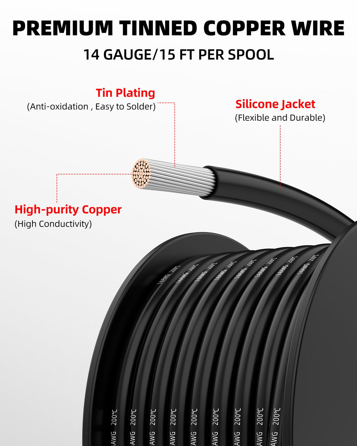 NAOEVO 14AWG silicone black wire spool for durable connections in tight automotive spaces
