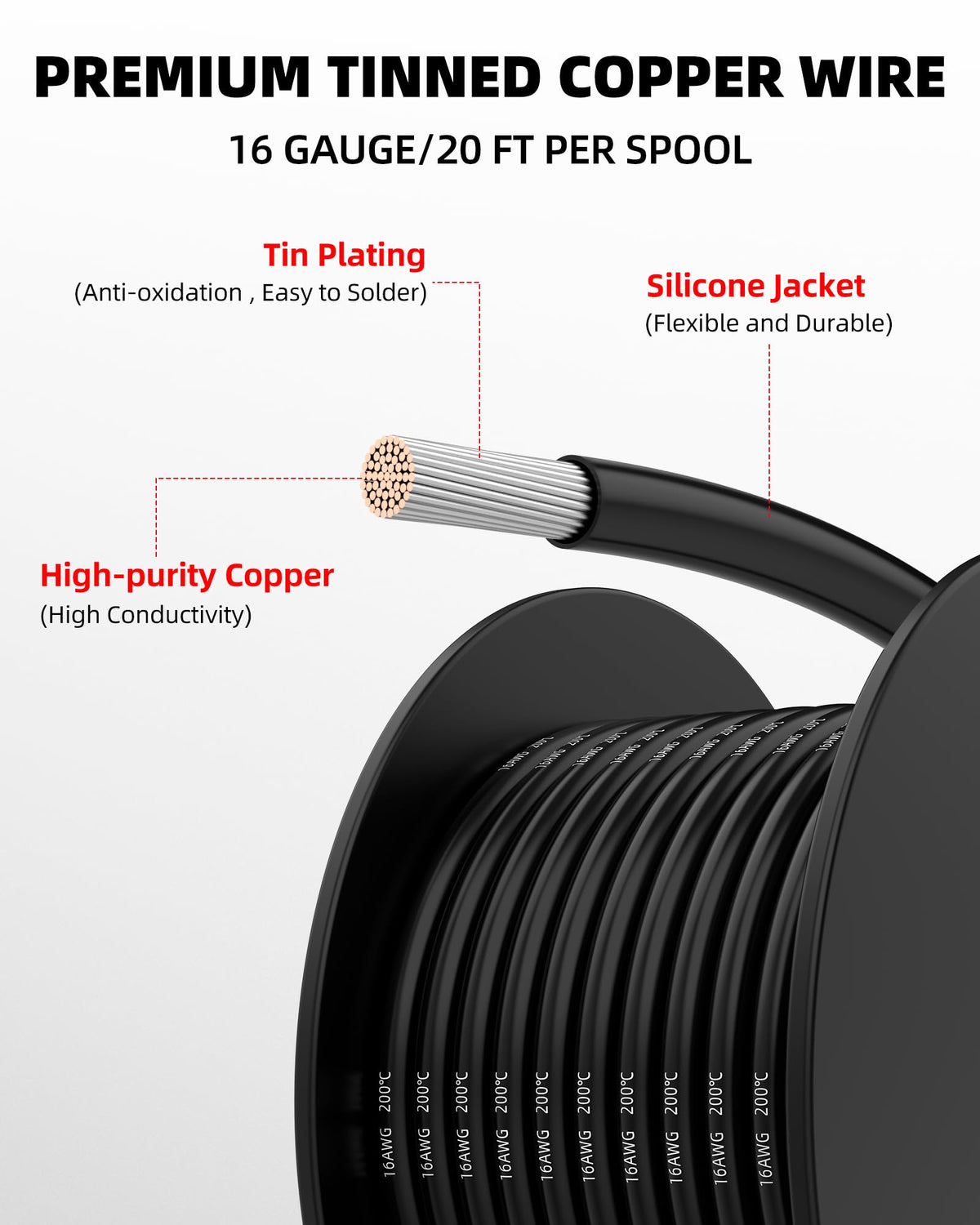 NAOEVO 16 AWG black silicone wire spool ideal for automotive electronics.