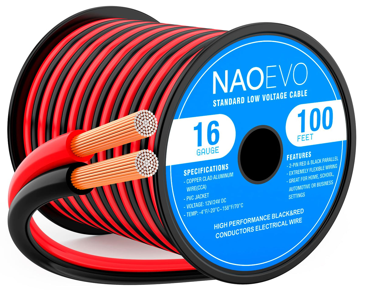 NAOEVO 16ga wire 100ft red jacket ideal for low voltage speaker and LED wiring.