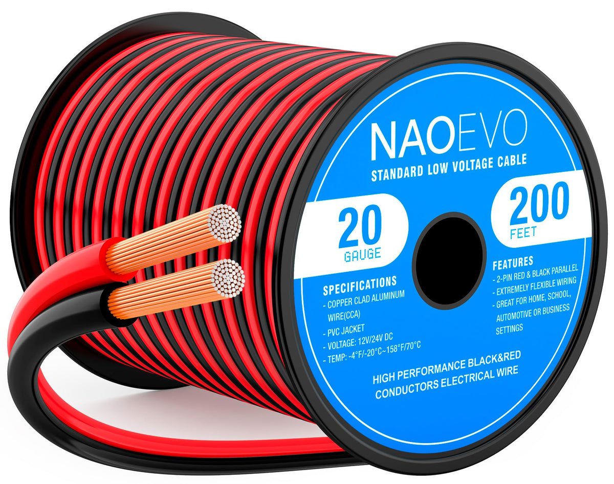 NAOEVO 20 AWG red and black wire on spool for versatile low-voltage use.