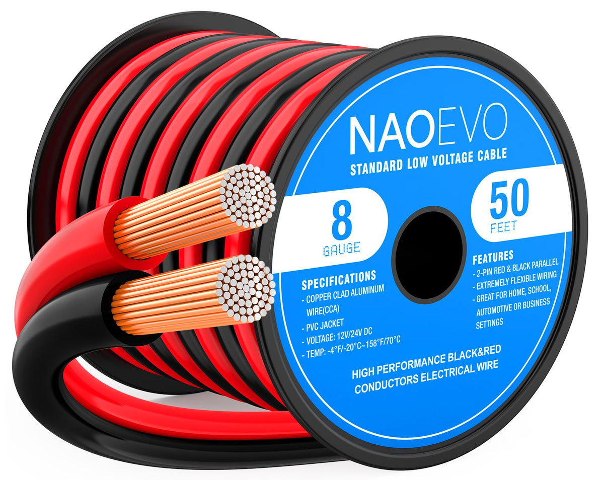 NAOEVO 8 AWG wire spool 50 ft with red and black conductors for simple power runs.