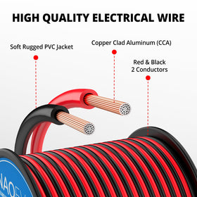 NAOEVO red and black conductors illustrate clear polarity for automotive and home wiring.