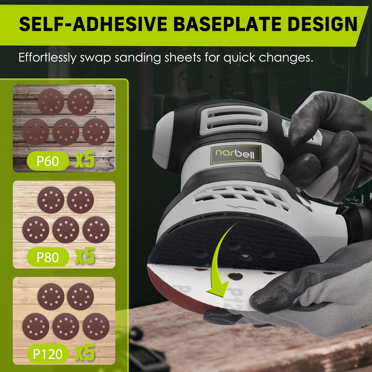 Narbell lightweight palm sander for easy overhead use