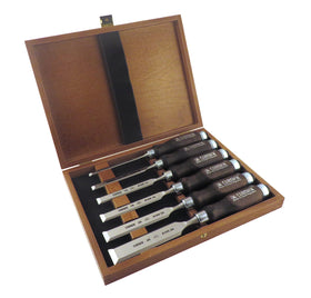 Narex 6-piece chisel set in wooden box for organized storage and easy access.