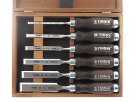 Narex chisel blade close-up showing Rc 59 hardness for sharp edge retention.