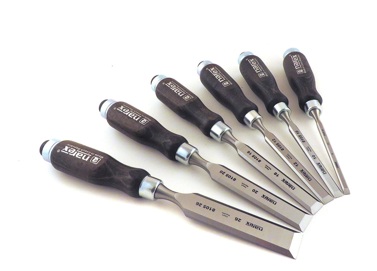 Narex chisel handle crafted from European beech with lacquered finish.