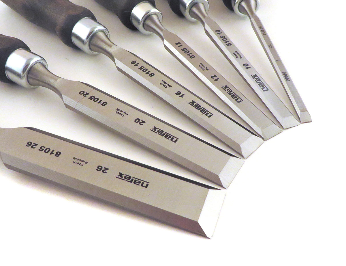 Narex chisels inside a wooden presentation box for neat storage.