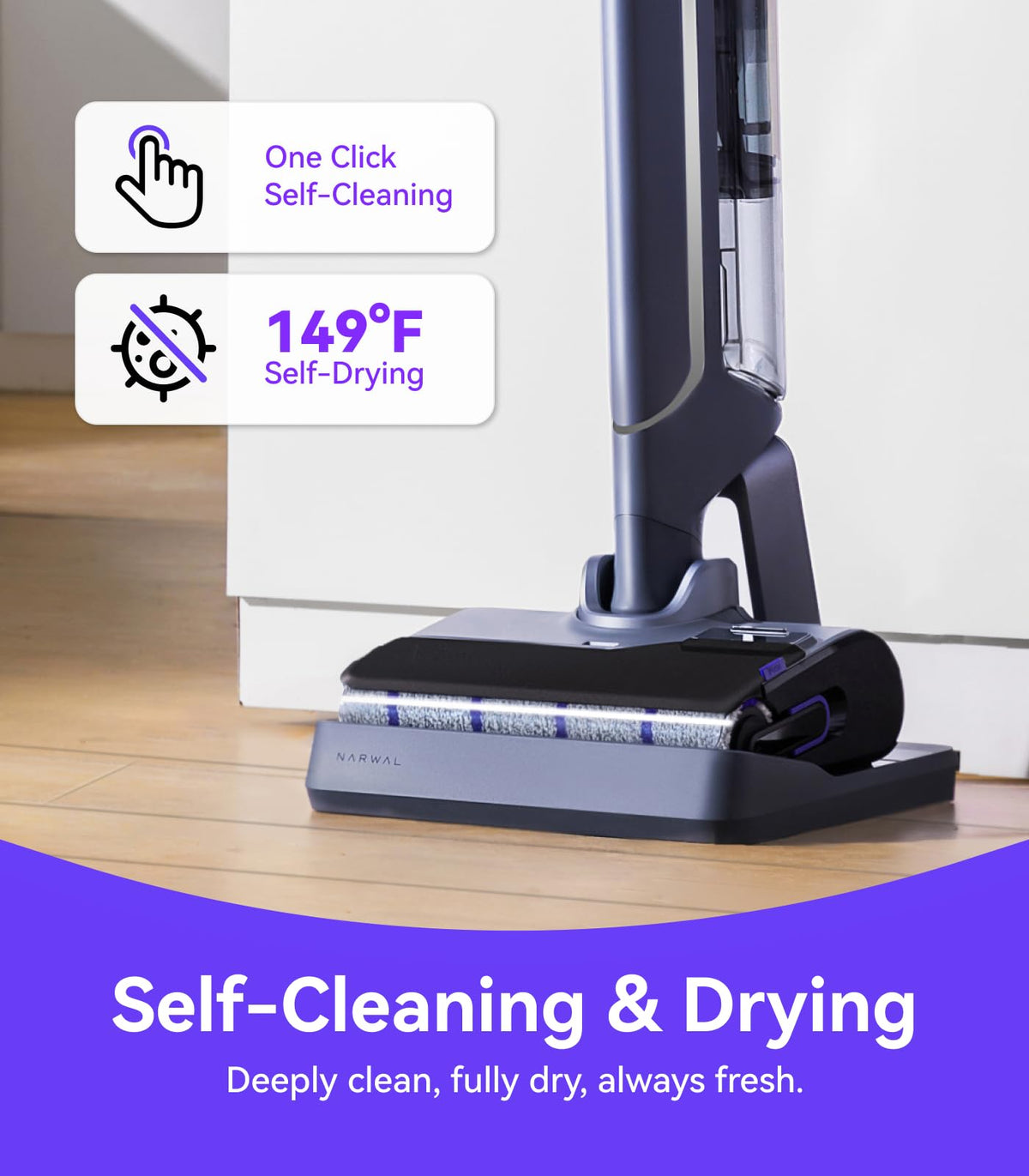NARWAL S20 Pro 180-degree reach helps scrub under furniture with ease