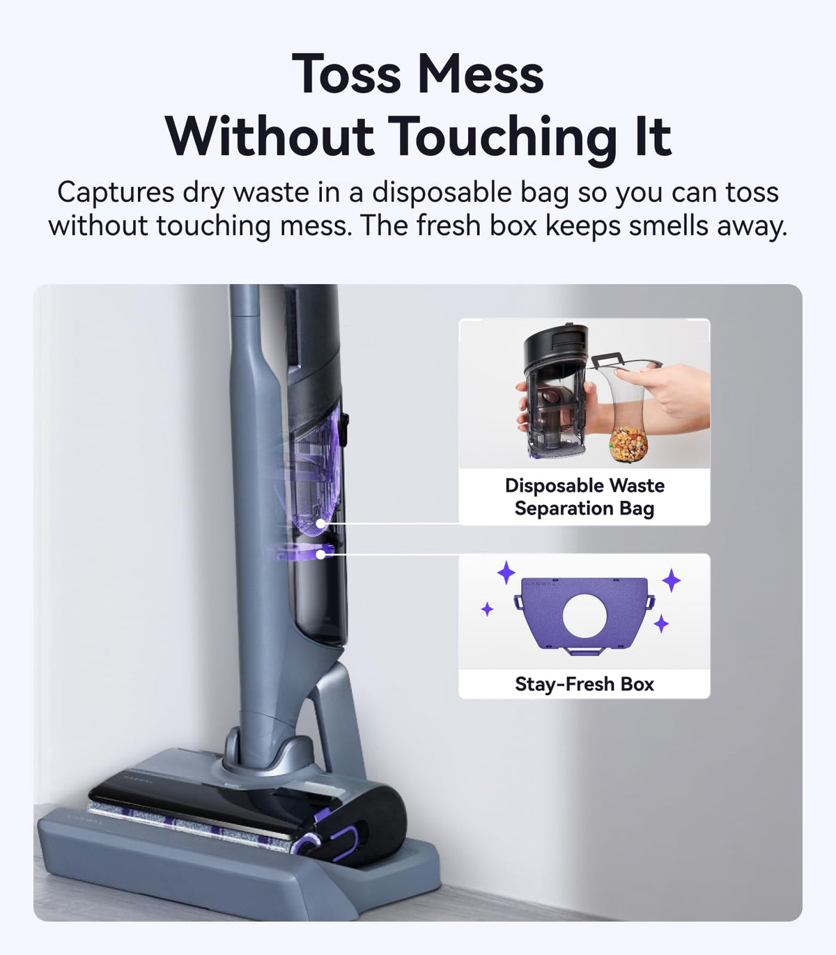 Narwal S30 Pro 63° swivel handle reaches around legs and edges easily.