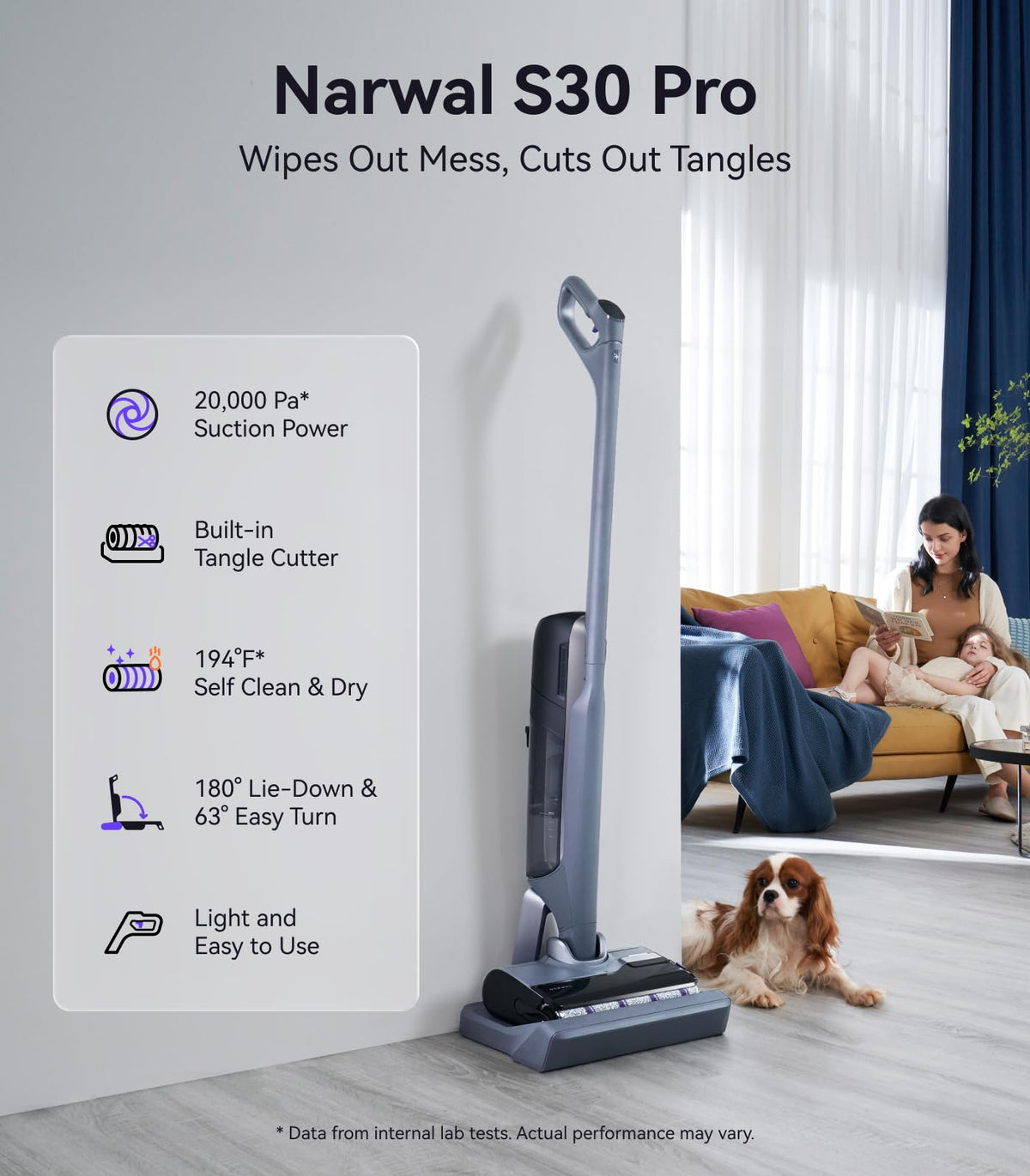 Narwal S30 Pro wet-dry cleaning action on spills and footprints.