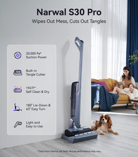 Narwal S30 Pro wet-dry cleaning action on spills and footprints.