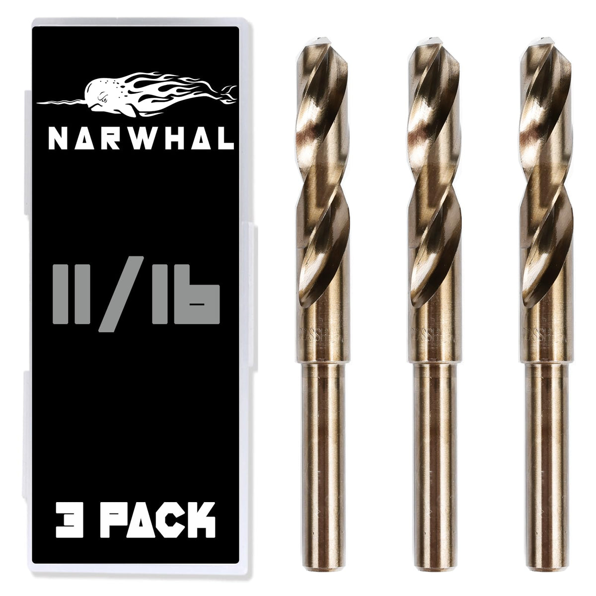 Narwhal 11/16-inch cobalt drill bits for metal with wear resistance.
