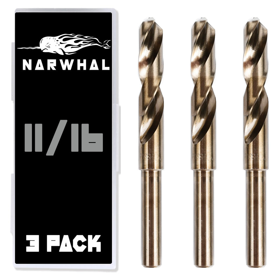 Narwhal 11/16-inch cobalt drill bits for metal with wear resistance.