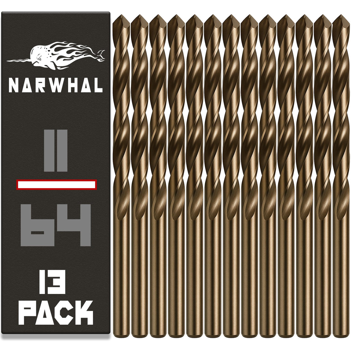 Narwhal 11/64 cobalt drill bits boxed for organized metalworking and storage.