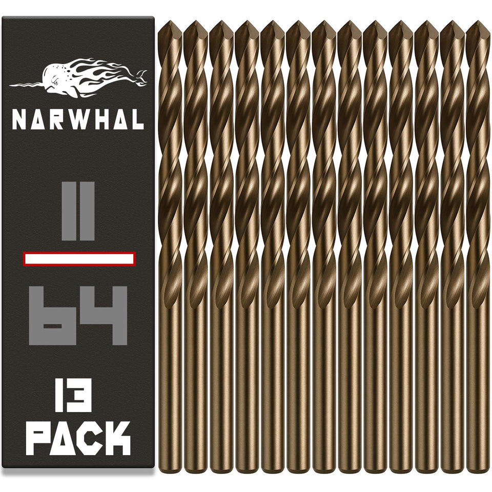 Narwhal 11/64 cobalt drill bits boxed for organized metalworking and storage.