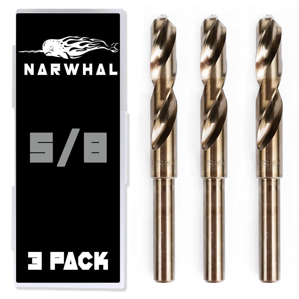 Narwhal 5-8 inch cobalt drill bits pack closeup for precise metal drilling.