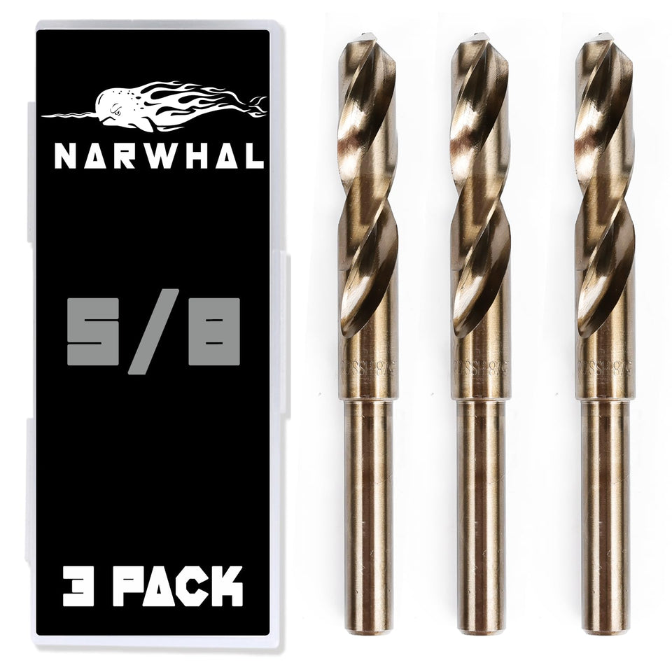 Narwhal 5-8 inch cobalt drill bits pack closeup for precise metal drilling.