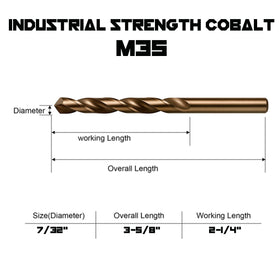 Narwhal 7/32 cobalt drill bits with a 135-degree split point for precise starts in metal.