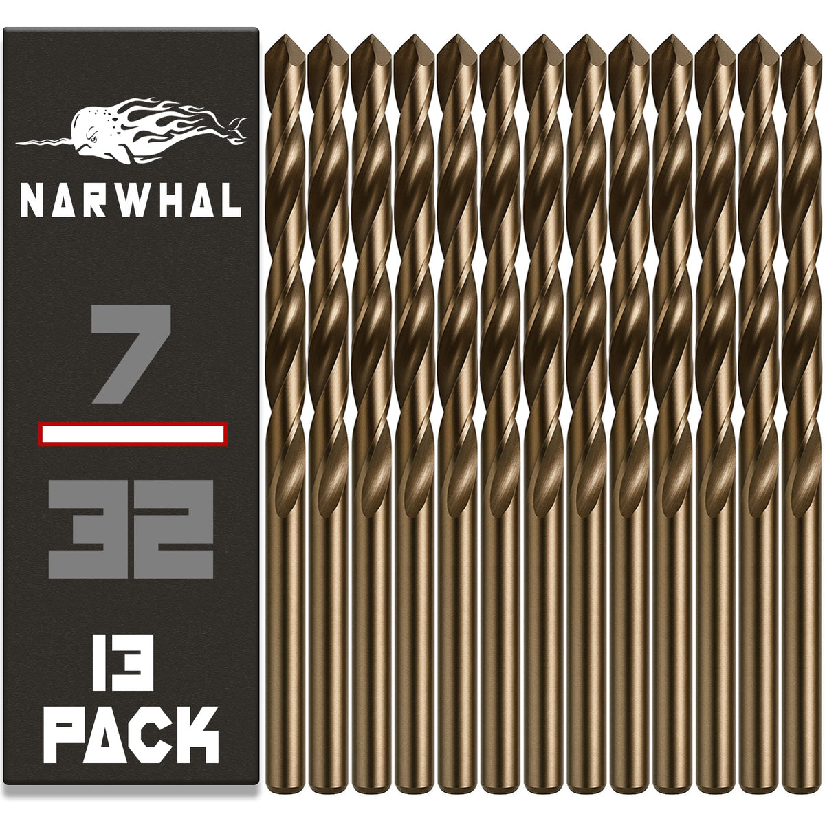 Narwhal 7/32 cobalt drill bits in a durable case for organized storage and quick access.