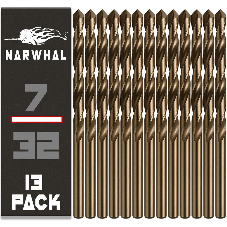 Narwhal 7/32 cobalt drill bits in a durable case for organized storage and quick access.