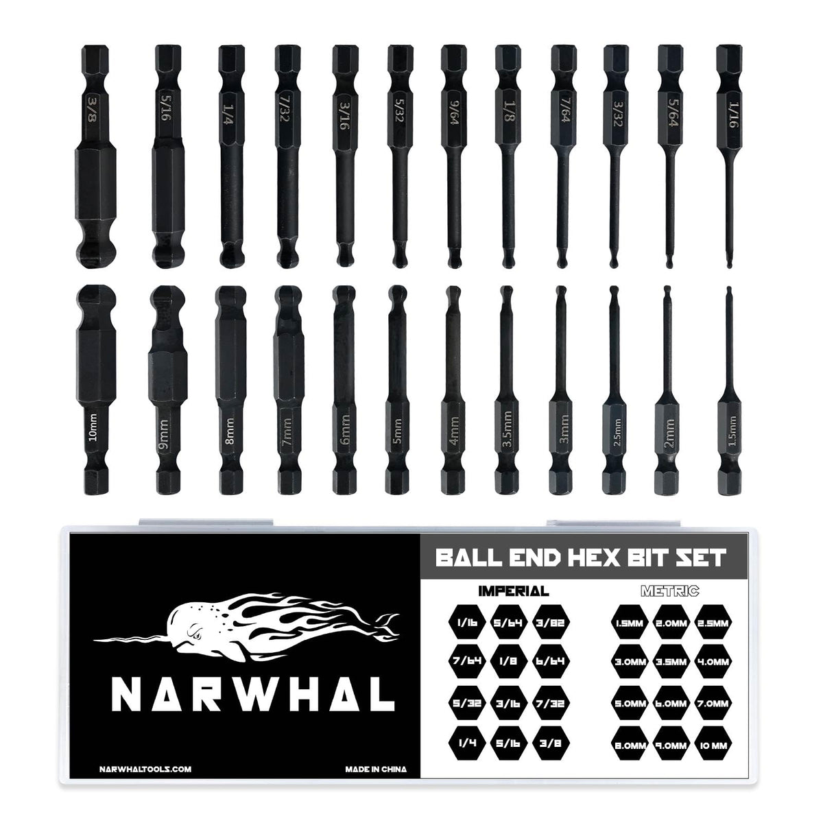 Narwhal ball end hex bit set with 24-piece SAE and metric selections for versatile DIY projects.