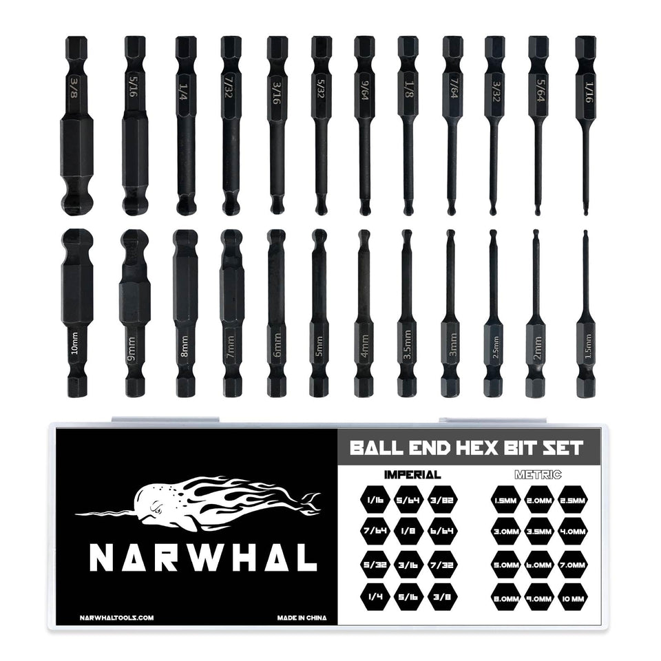 Narwhal ball end hex bit set with 24-piece SAE and metric selections for versatile DIY projects.