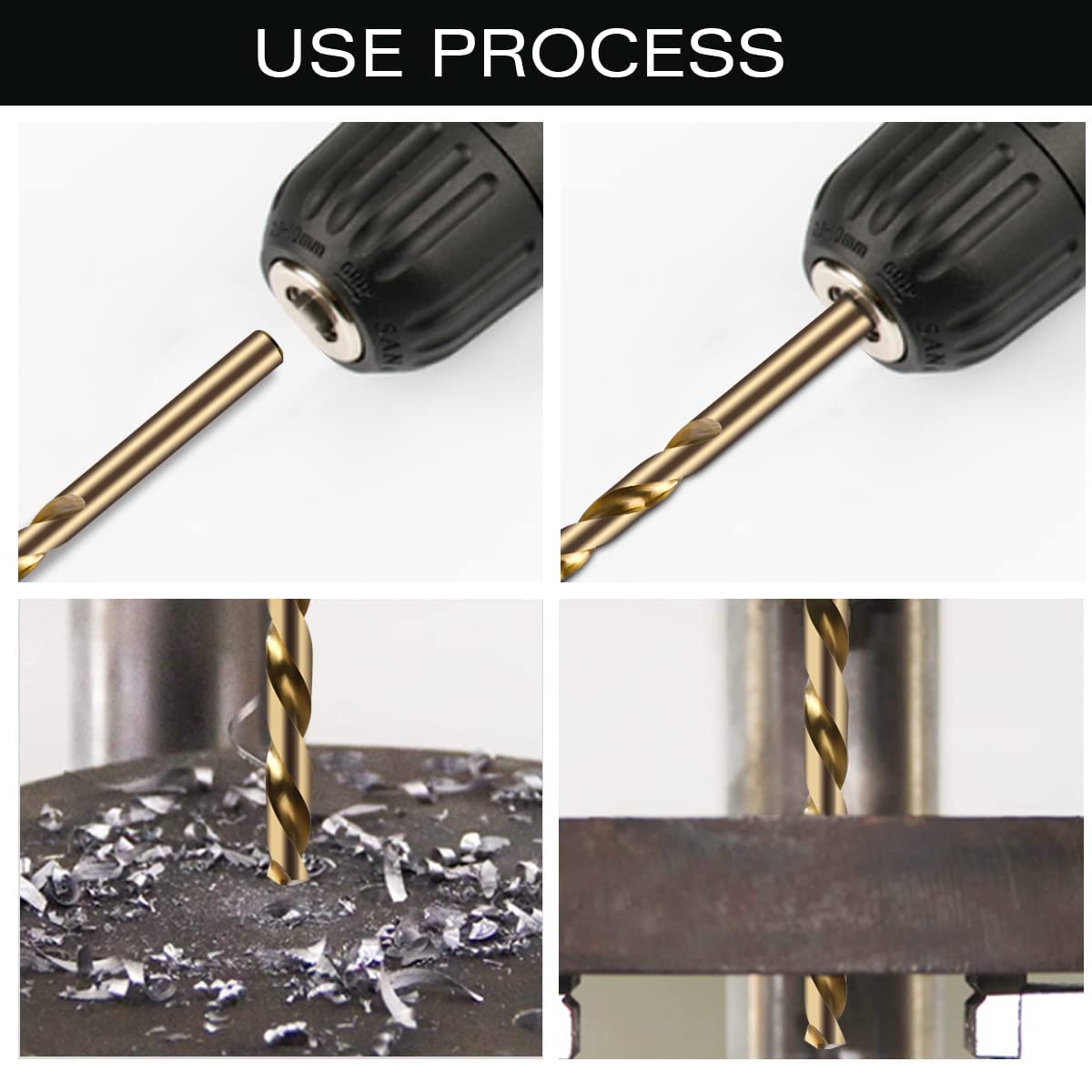 Narwhal drill bits demonstrating metal drilling on a sample panel