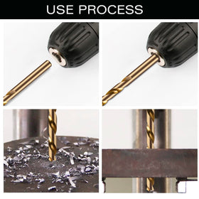 Narwhal drill bits demonstrating metal drilling on a sample panel