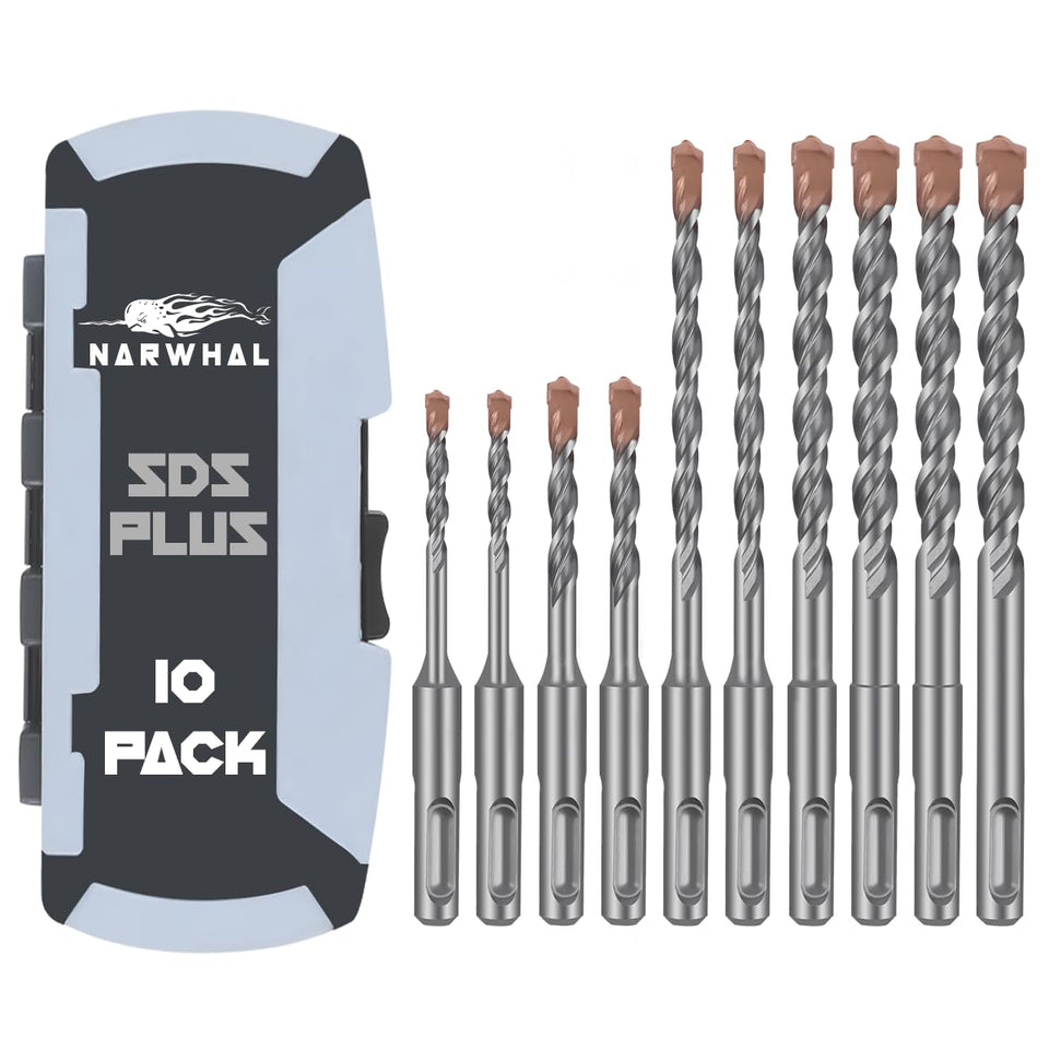 Narwhal SDS Plus drill bits drilling concrete with carbide tips for durability.