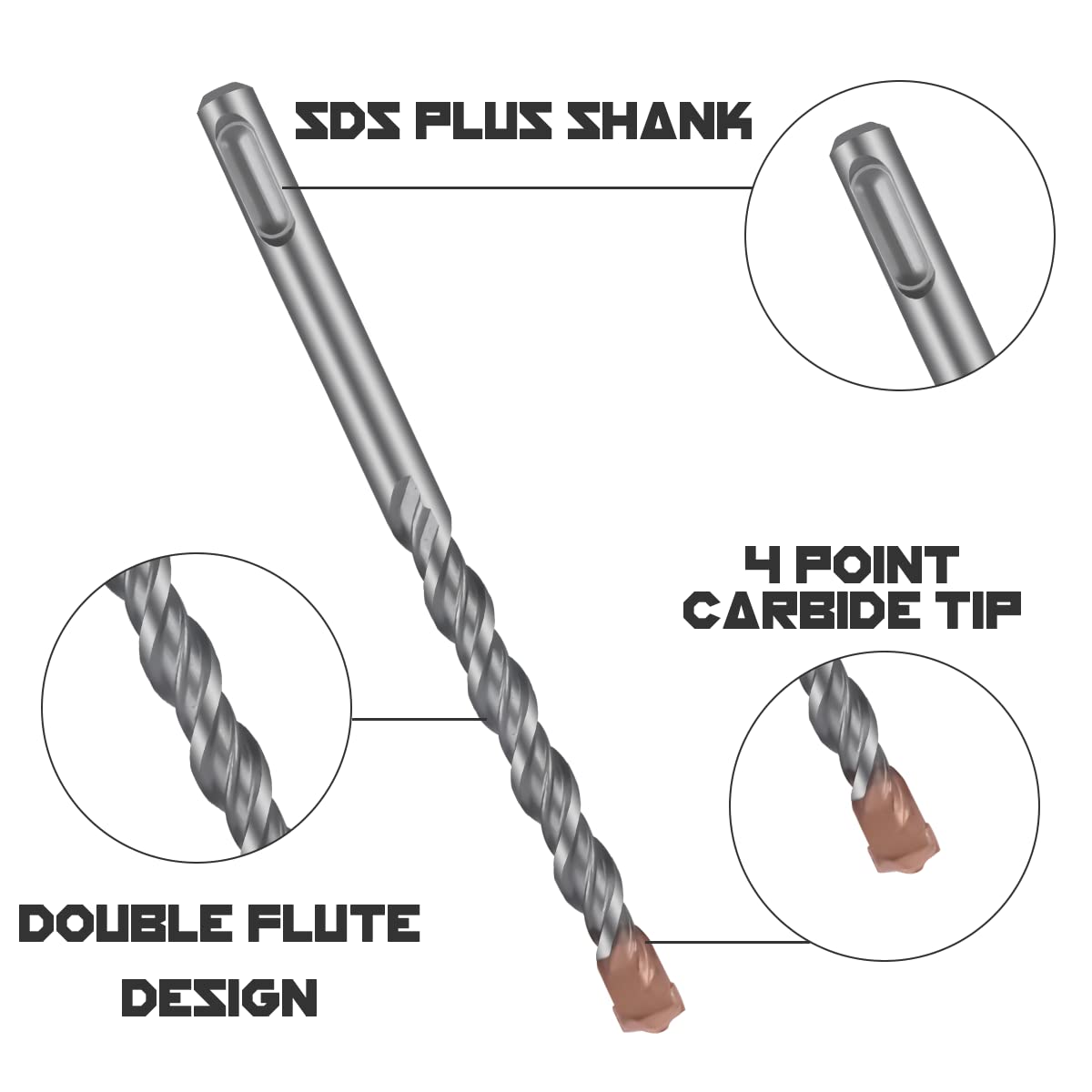Bits organized in hard shell case for easy masonry drilling.