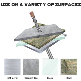 3/8 and 1/2 inch bits penetrating cement walls for anchors.