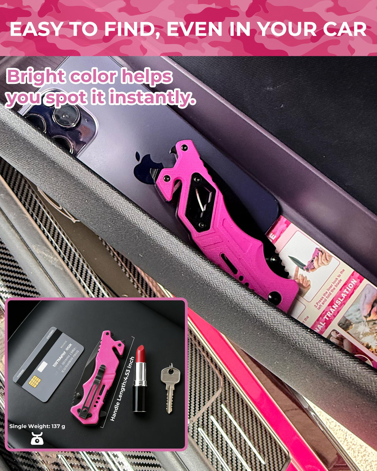 NaturaBlade Elegant Pink knife seatbelt cutter ready for safety