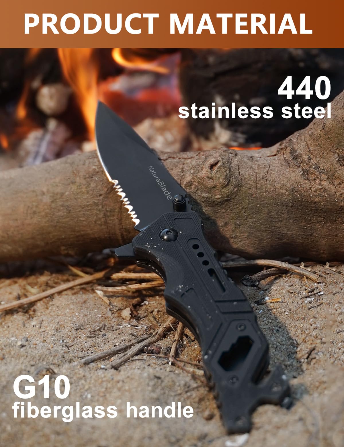 NaturaBlade knife with G10 handle for secure, comfortable grip in any weather.