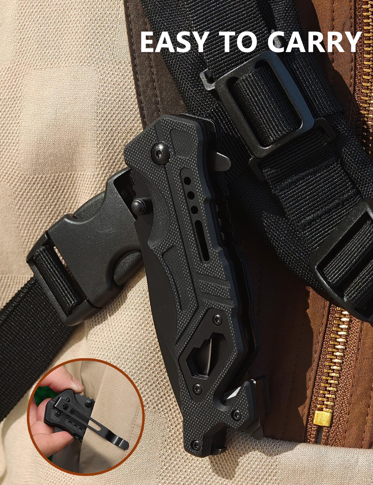 NaturaBlade knife with glass breaker for quick vehicle or shelter access.