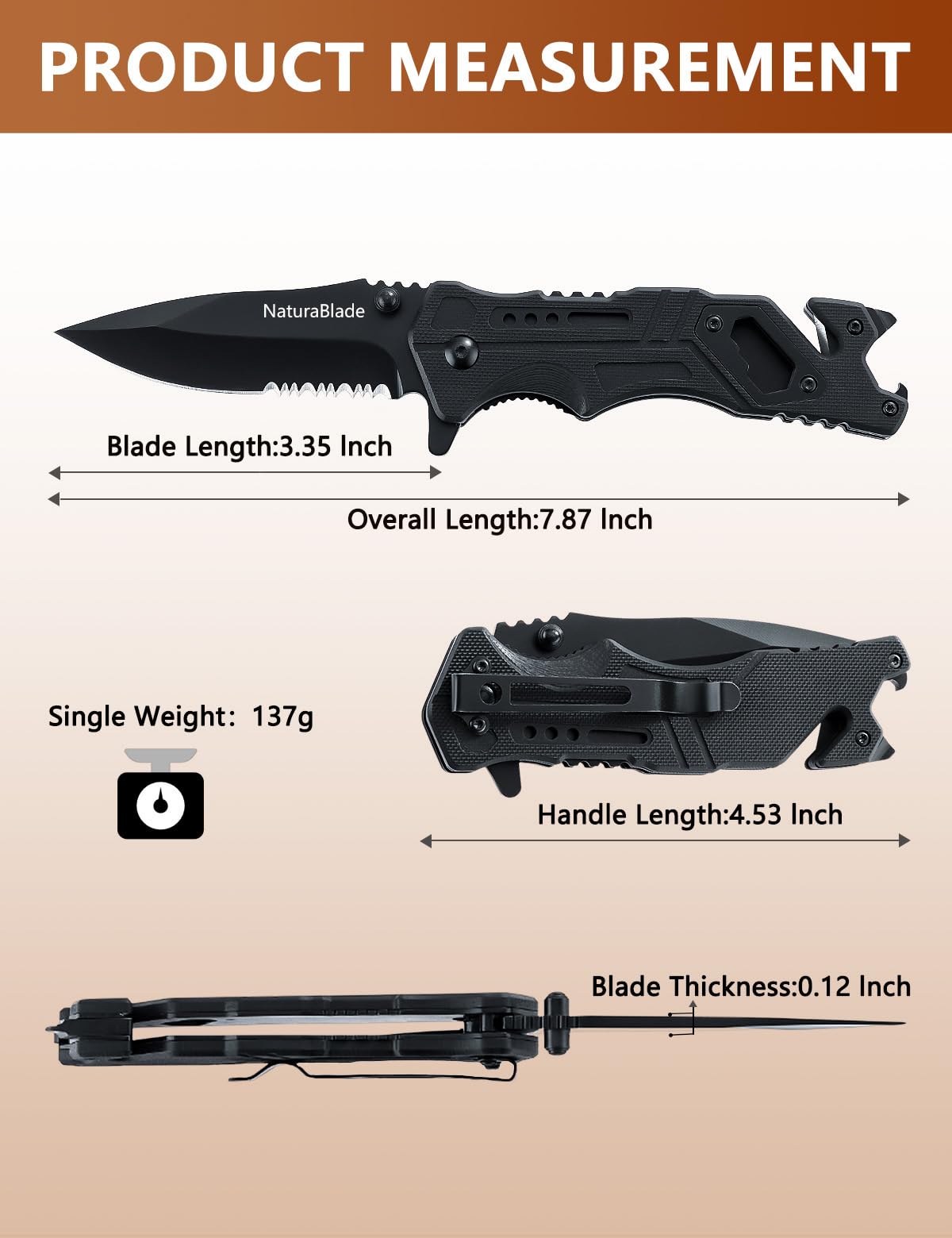 NaturaBlade pocket clip keeps the knife secure in a pocket or pack.
