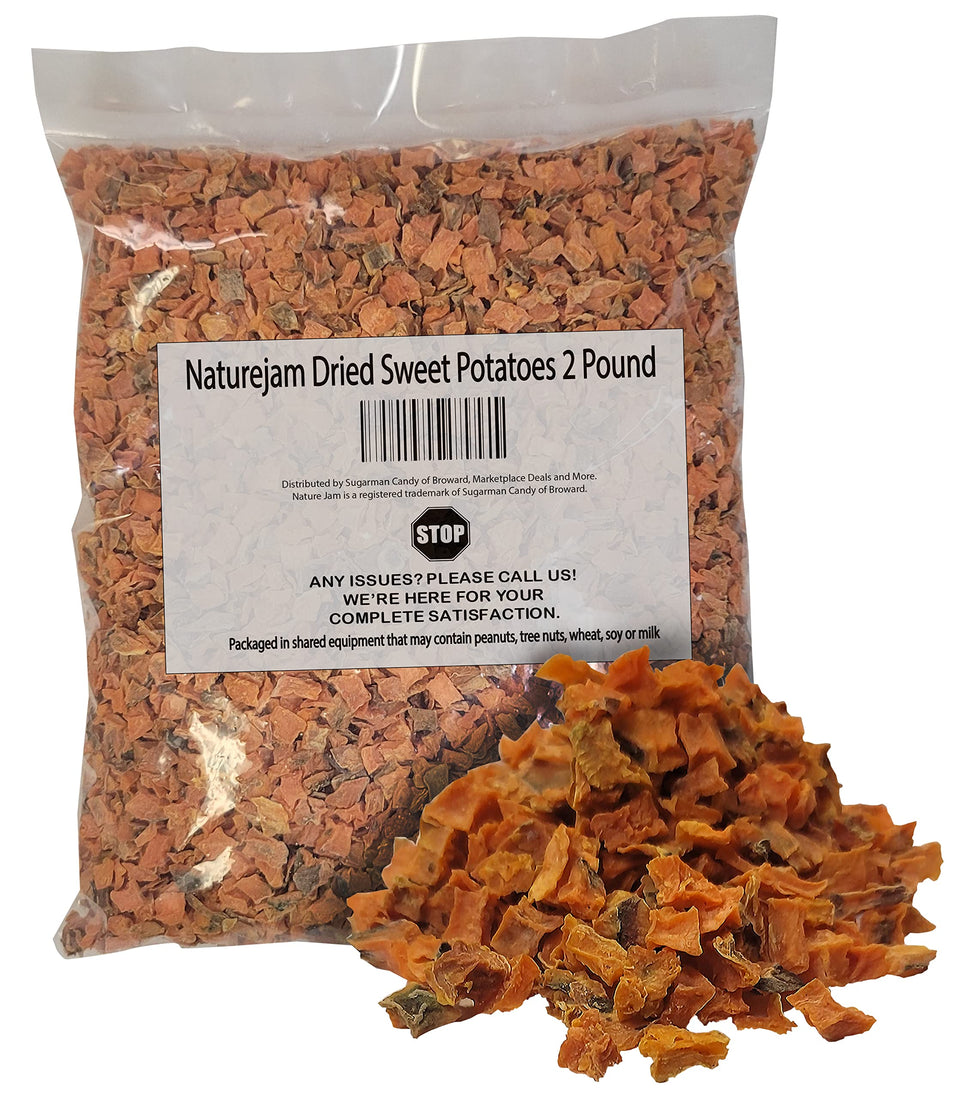 Naturejam dried sweet potatoes 2lb bulk in bag for pantry storage.