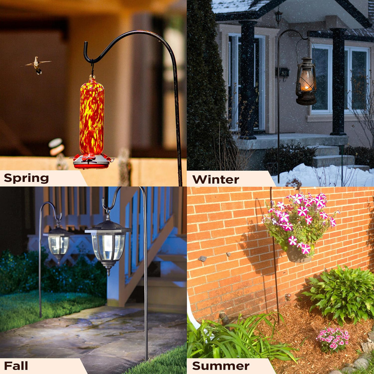 Natures Distributing Shepherds Hook supporting bird feeder and solar lantern setup