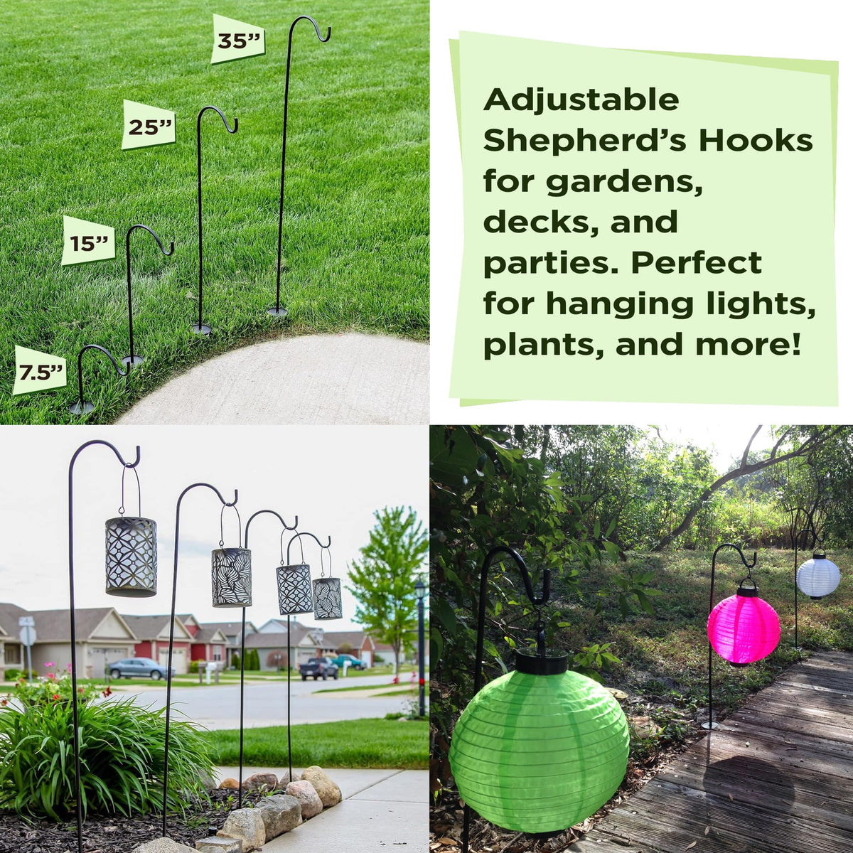 Natures Distributing Shepherds Hook displaying wind chimes and hanging plants