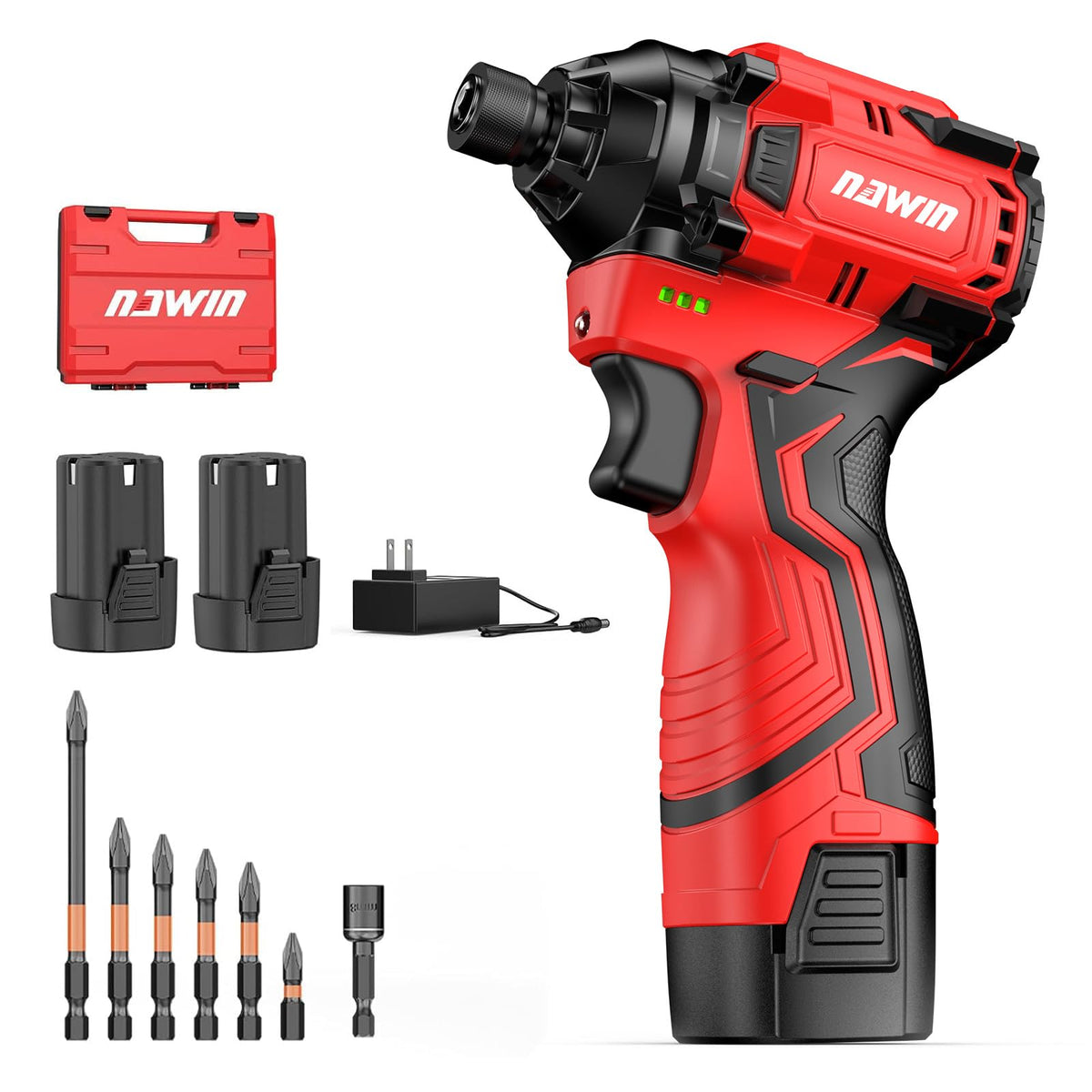 NAWIN cordless impact driver with compact design and LED light for precise in dim spaces.