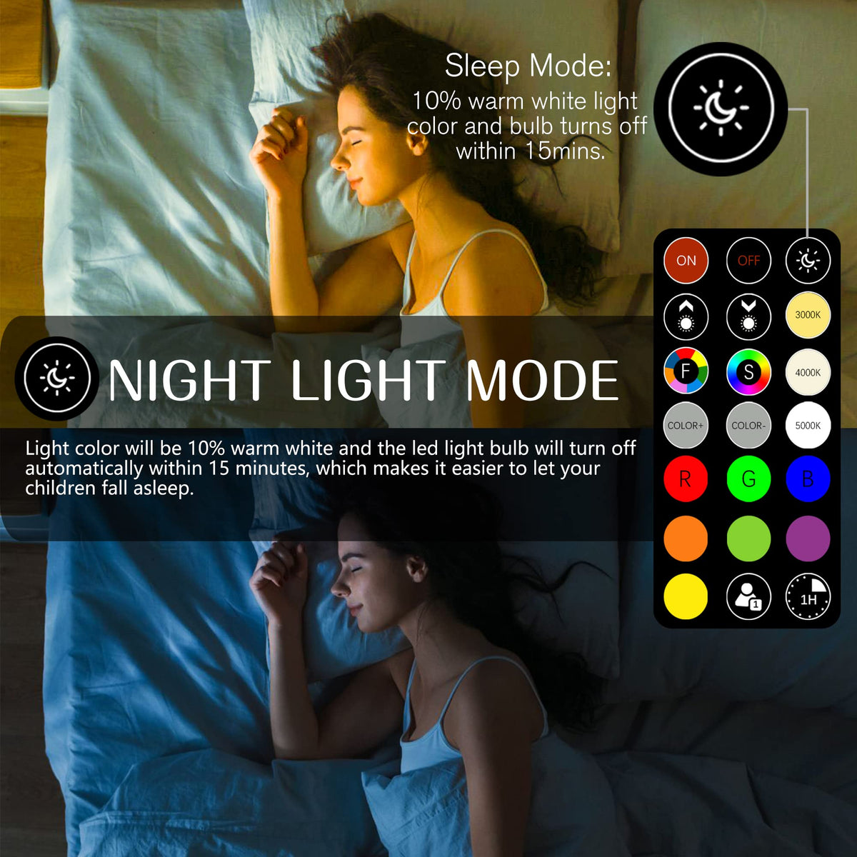 Night light mode on NAWVACE bulb provides gentle illumination for sleep.