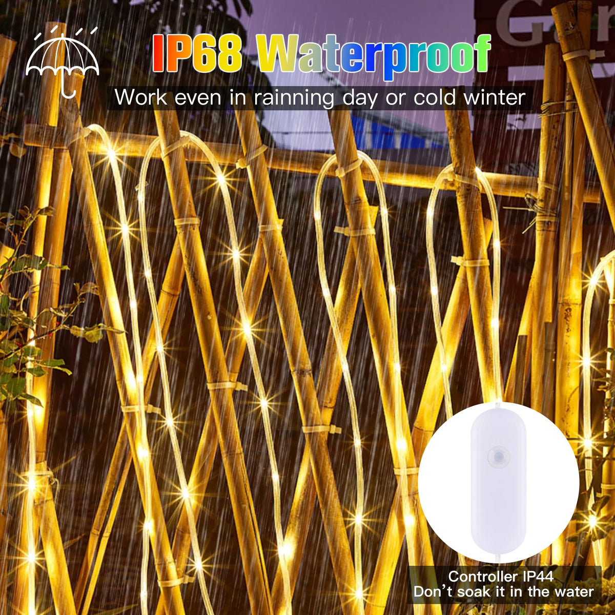Nazuwke 99ft LED rope lights IP68 waterproof for all-weather outdoor use.