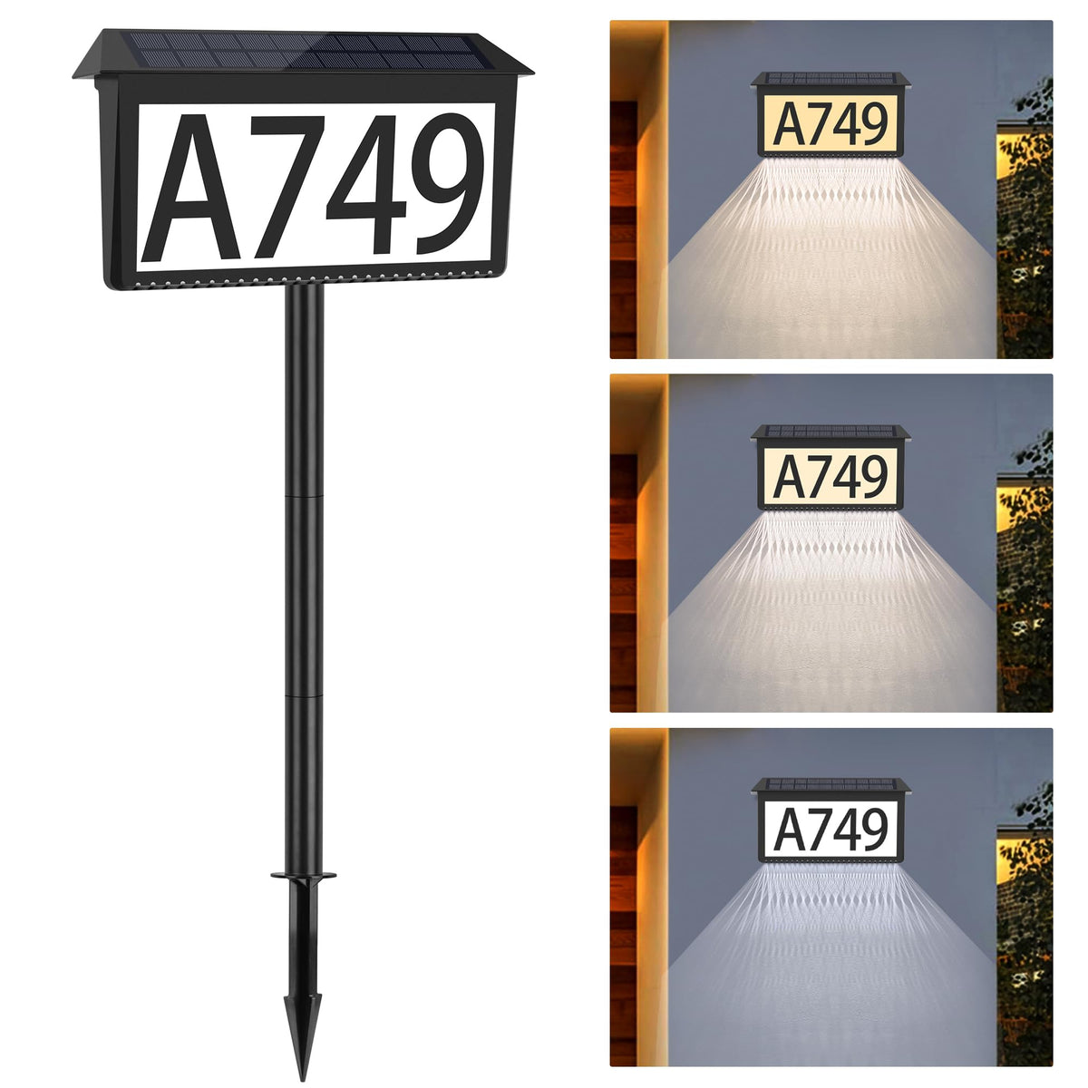 Nazuwke solar address sign front view with illuminated numbers for clear night visibility