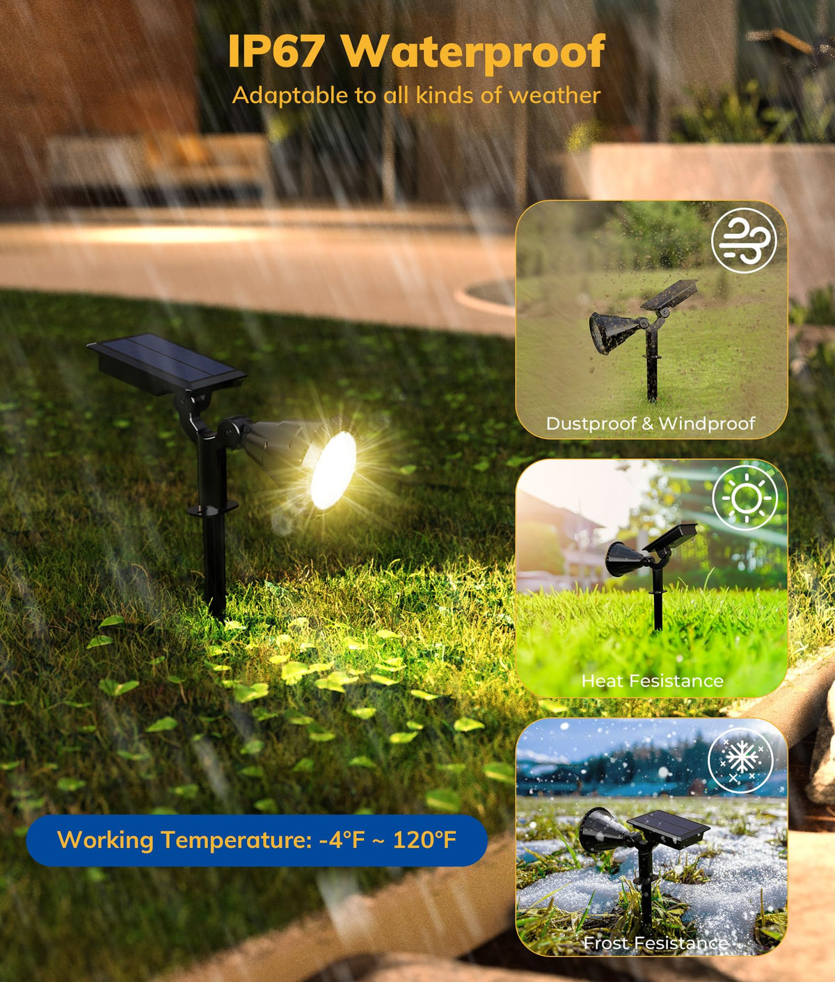 NBKLS IP67 waterproof badge on solar spot light for all-weather use.