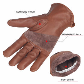 NBLEAGLO Retro brown cowhide gloves showing elastic wrist for secure fit and debris protection