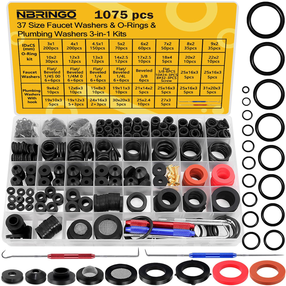 NBRINGO 1075-piece kit contents for versatile plumbing repairs.