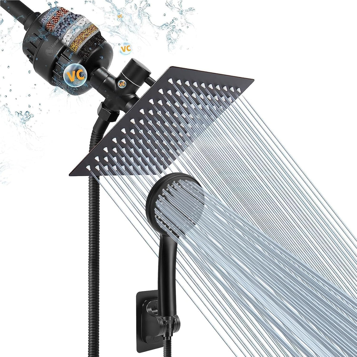 NearMoon filtered rain shower head close-up, rustproof stainless steel, high-pressure water.