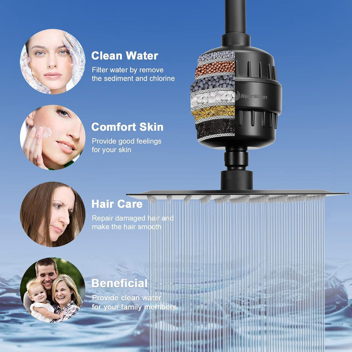 NearMoon handheld shower with 5 settings offers adjustable massage and mist modes.