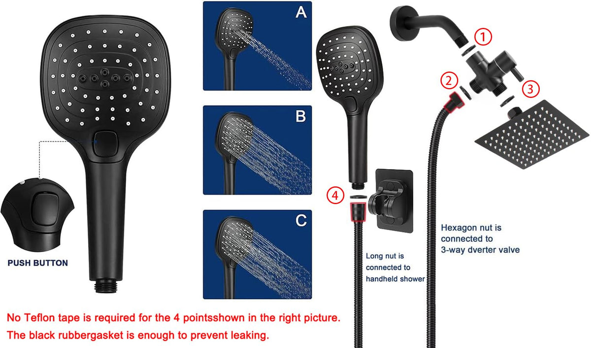 NearMoon matte black handheld shower with push-button flow control for easy switching