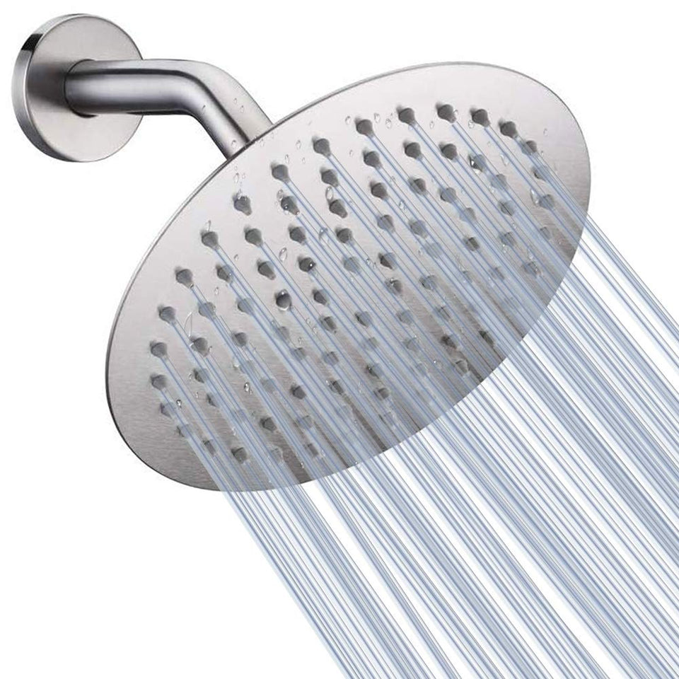 NearMoon rain shower head 8-inch brushed nickel delivers broad spa-like coverage.